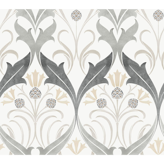 Pine Cone Ribbon Charcoal Metallic Wallpaper with Arts and Crafts Floral Motif - York AC9174