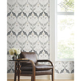 Pine Cone Ribbon Charcoal Metallic Wallpaper with Arts and Crafts Floral Motif - York AC9174