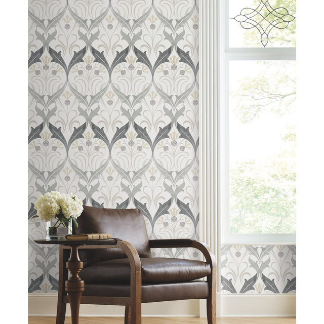Pine Cone Ribbon Charcoal Metallic Wallpaper with Arts and Crafts Floral Motif - York AC9174