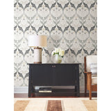 Pine Cone Ribbon Charcoal Metallic Wallpaper with Arts and Crafts Floral Motif - York AC9174