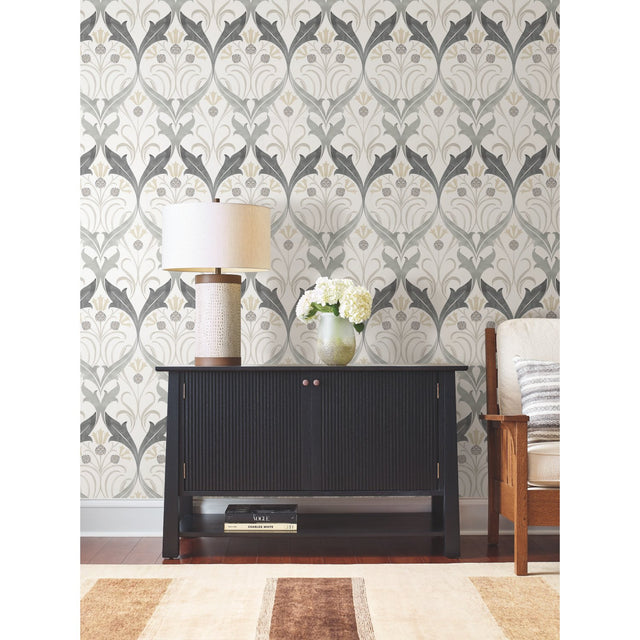 Pine Cone Ribbon Charcoal Metallic Wallpaper with Arts and Crafts Floral Motif - York AC9174