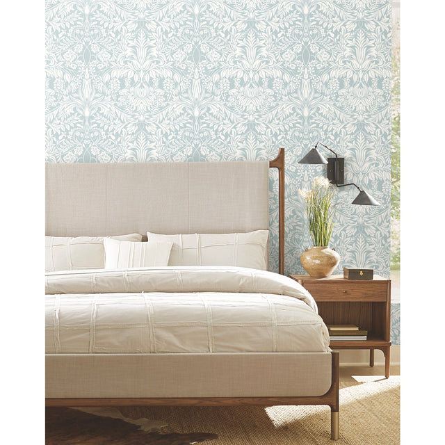 Lockwood Damask Light Blue Wallpaper with Arts and Crafts Botanical Damask - York AC9192