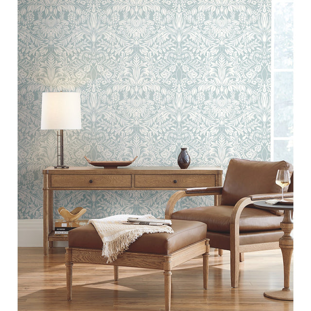 Lockwood Damask Light Blue Wallpaper with Arts and Crafts Botanical Damask - York AC9192