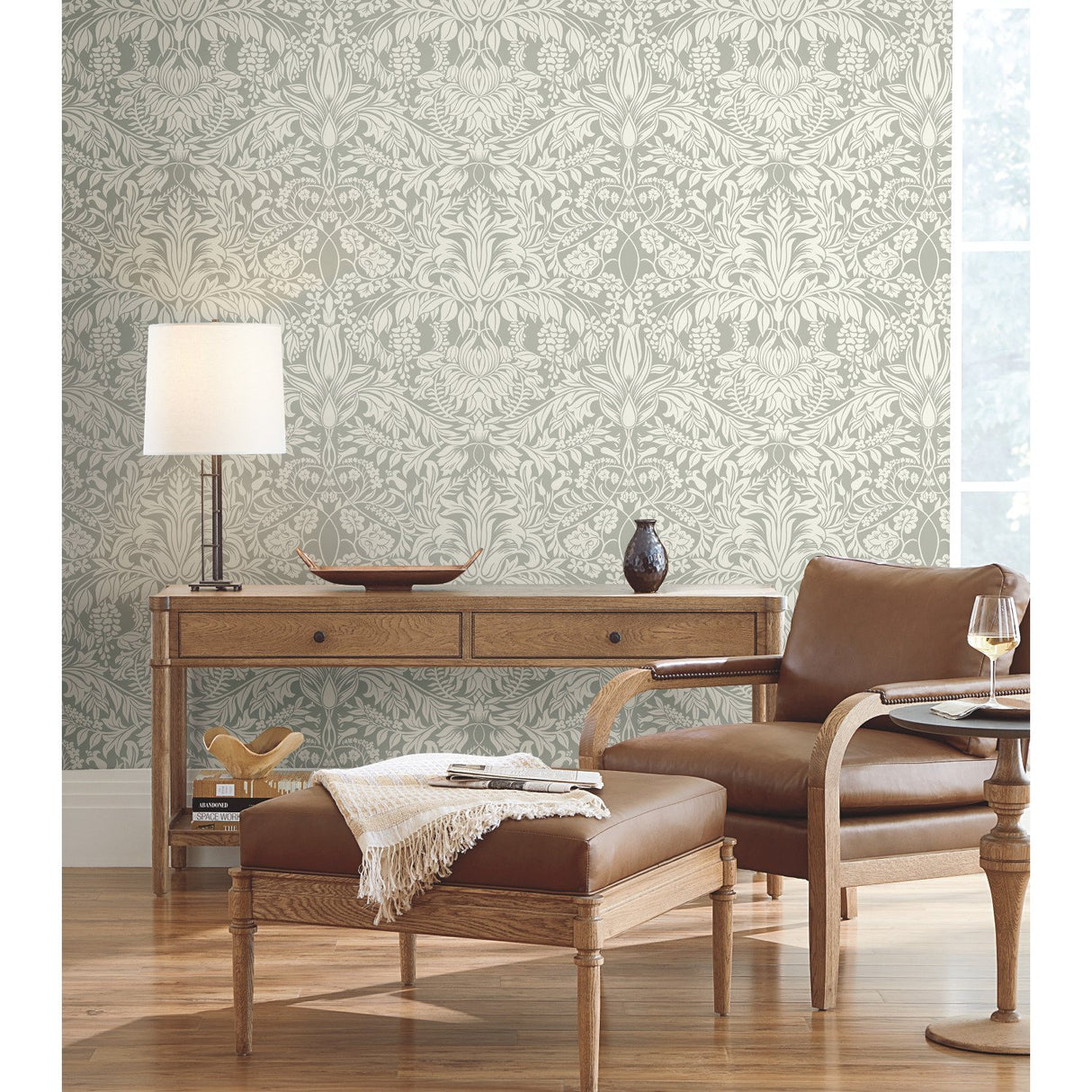 Lockwood Damask Grey Wallpaper with Botanical Damask Motif - York AC9195