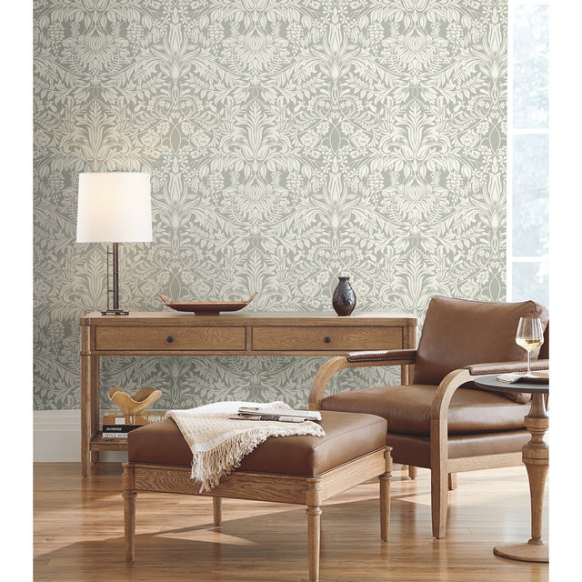 Lockwood Damask Grey Wallpaper with Botanical Damask Motif - York AC9195