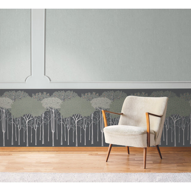 Oakwood Grove Black Wallpaper with Botanical Forest Motif - York AC9222D