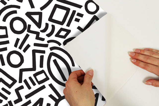 Doodle Abstract Black Peel & Stick Wallpaper with Modern Geometric Graphic Pattern - NuWallpaper AES4789