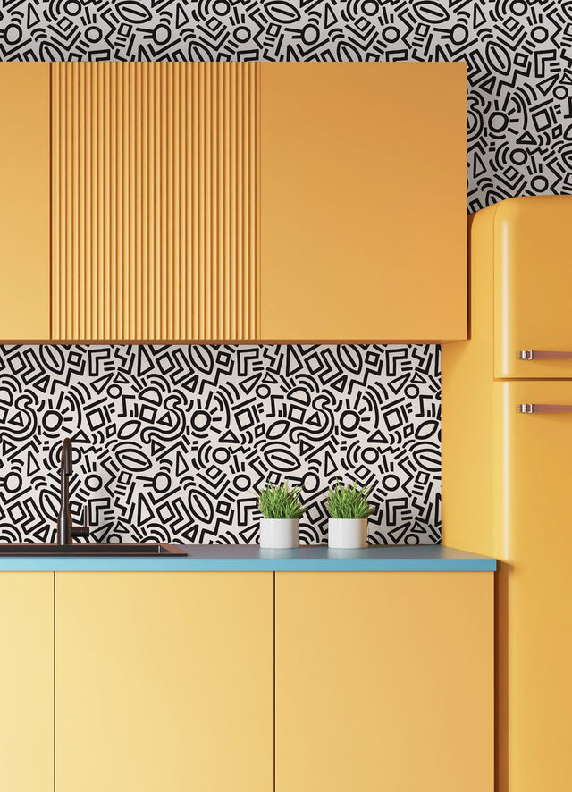 Doodle Abstract Black Peel & Stick Wallpaper with Modern Geometric Graphic Pattern - NuWallpaper AES4789