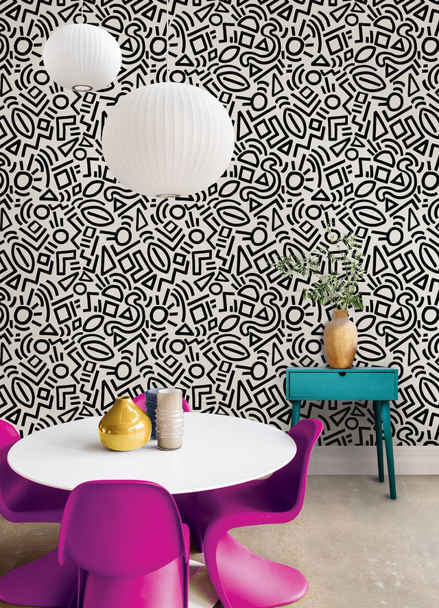 Doodle Abstract Black Peel & Stick Wallpaper with Modern Geometric Graphic Pattern - NuWallpaper AES4789