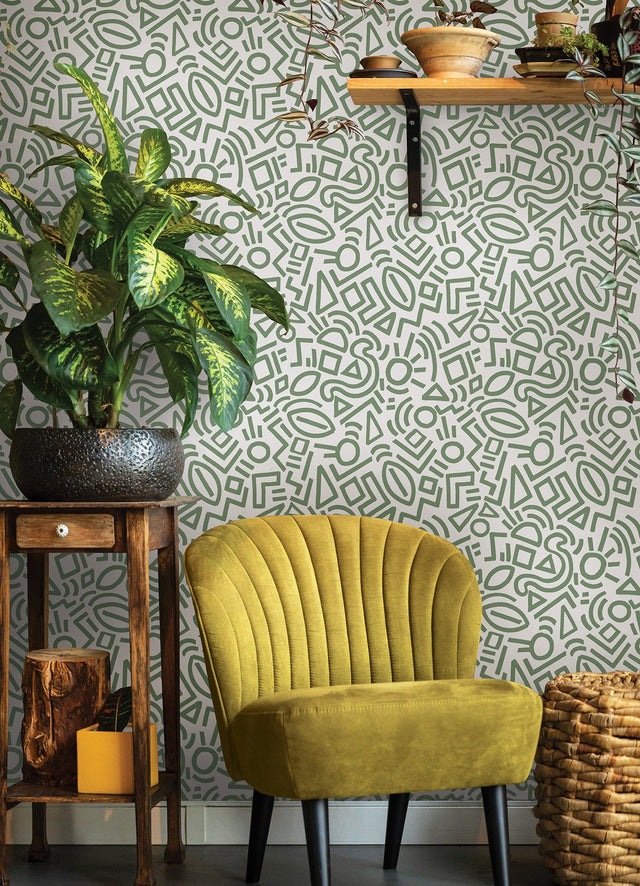 Doodle Abstract Sage Peel & Stick Wallpaper with Modern Geometric Graphics - NuWallpaper AES4791