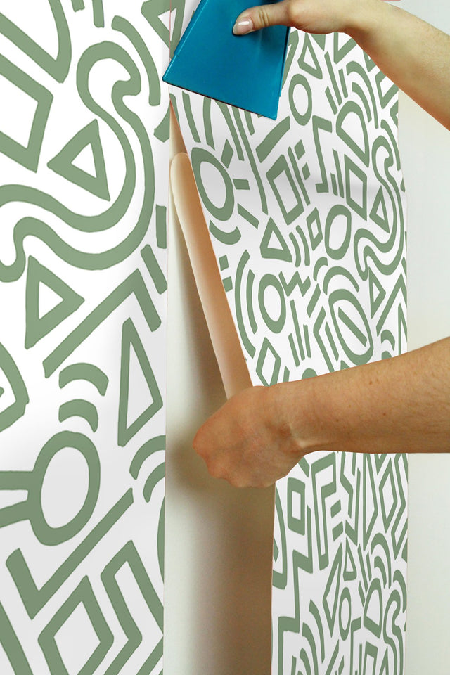 Doodle Abstract Sage Peel & Stick Wallpaper with Modern Geometric Graphics - NuWallpaper AES4791