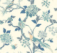 Fanciful Blue & White wallpaper with birds, butterflies, and floral branches on a light ground