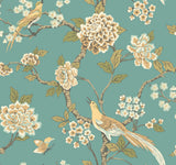Fanciful Teal Wallpaper with Birds and Floral Motif - York AF1901