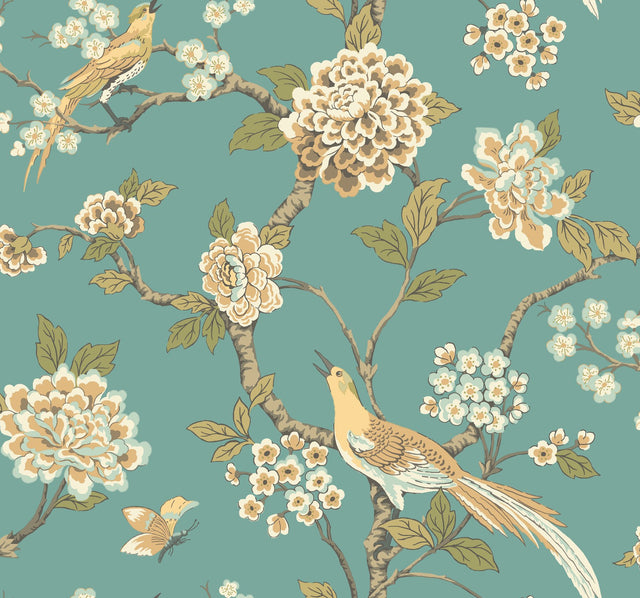 Fanciful Teal Wallpaper with Birds and Floral Motif - York AF1901