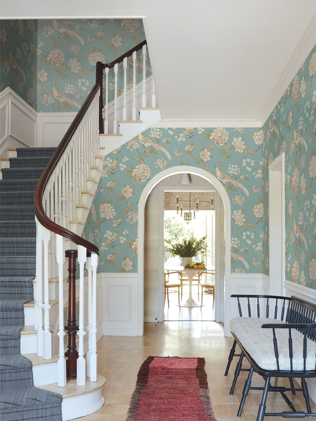 Fanciful Teal Wallpaper with Birds and Floral Motif - York AF1901