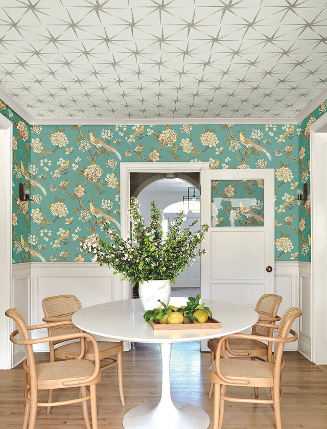 Fanciful Teal Wallpaper with Birds and Floral Motif - York AF1901