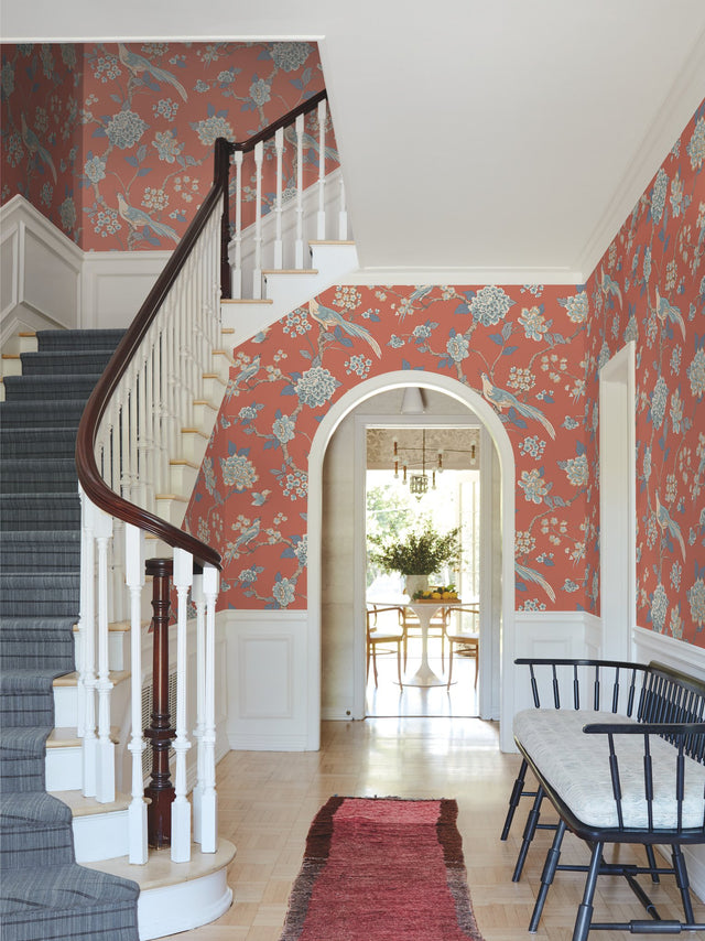 Fanciful Orange Wallpaper with Birds and Floral Jacobean Motif - York AF1902