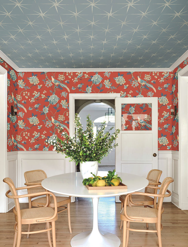 Fanciful Orange Wallpaper with Birds and Floral Jacobean Motif - York AF1902