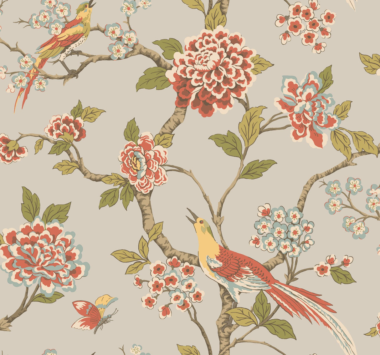 Fanciful Silver & Blue wallpaper with birds and florals – York Wallcoverings AF1905