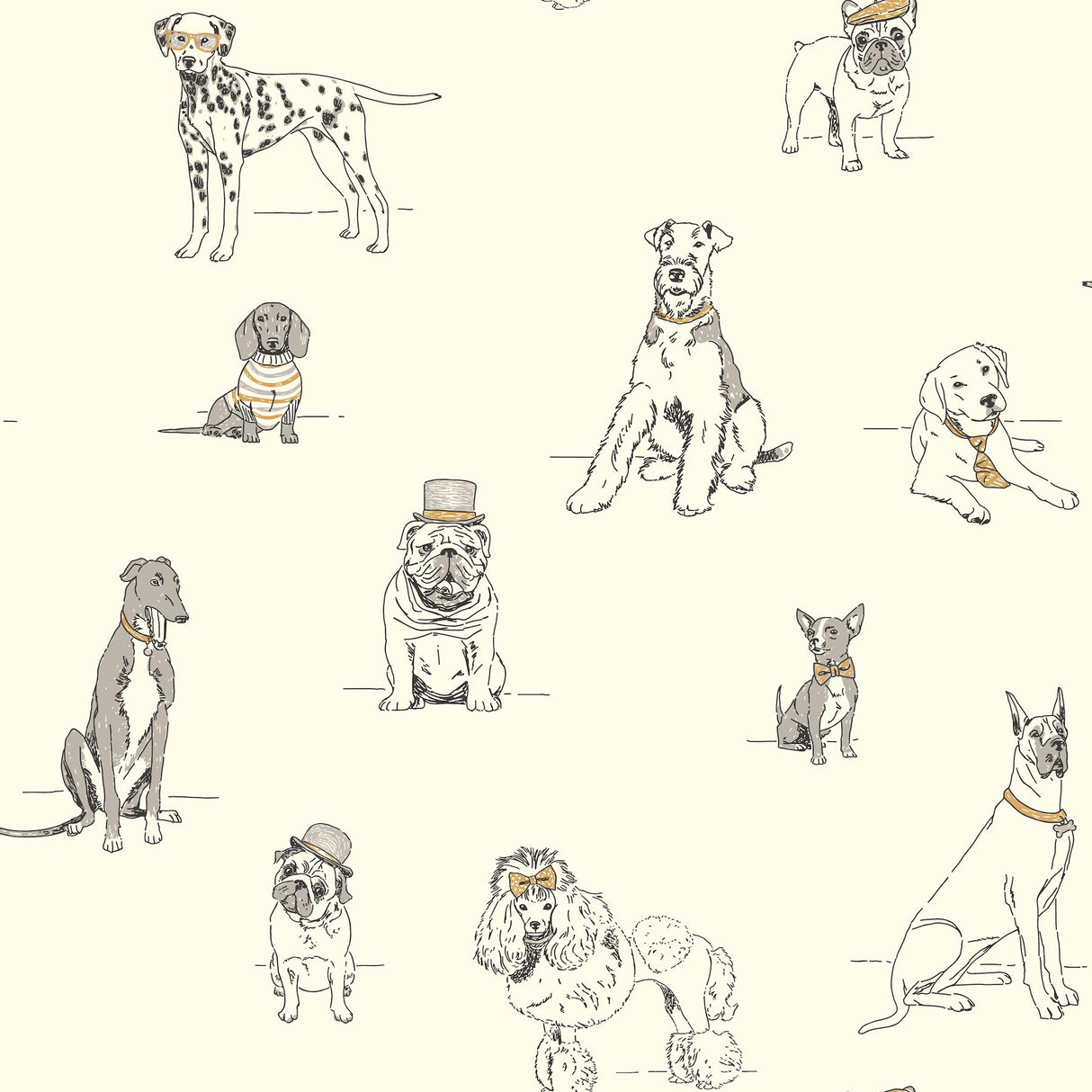 Dog's Life Silver & Gold Metallic Prepasted Wallpaper with Whimsical Dogs Toile - York AF1938