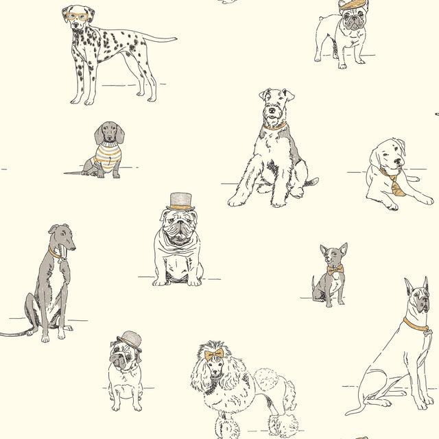 Dog's Life Silver & Gold Metallic Prepasted Wallpaper with Whimsical Dogs Toile - York AF1938