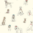 Dog's Life Red & Blue wallpaper AF1939 showing whimsical illustrated dogs wearing hats and bow ties on a light background.