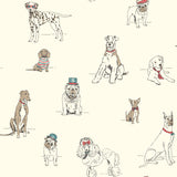 Dog's Life Red & Blue wallpaper AF1939 showing whimsical illustrated dogs wearing hats and bow ties on a light background.