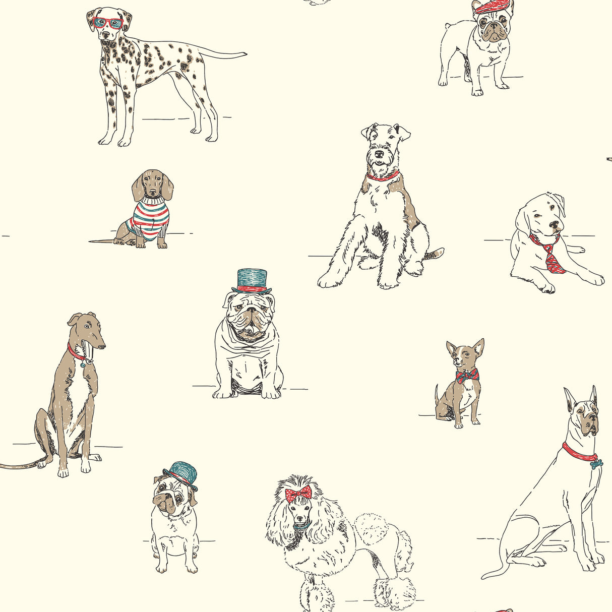 Dog's Life Red & Blue by Ashford House Whimsical Prepasted Non Woven Novelty Dog Wallpaper - York Wallcoverings AF1939-Sample
