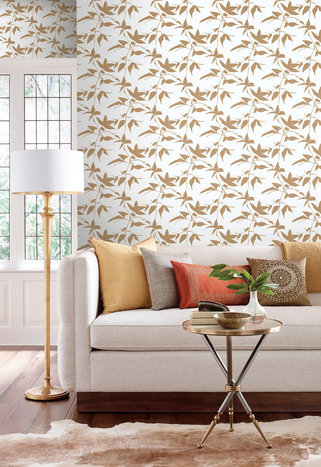 Persimmon Leaf Gold & White Wallpaper