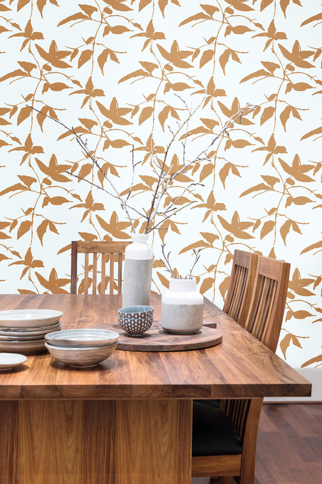 Persimmon Leaf Gold & White Wallpaper