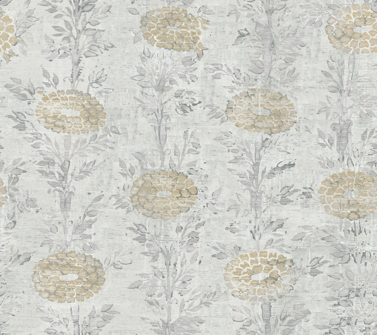 French Marigold White & Gold Wallpaper with Metallic Eclectic Floral ...