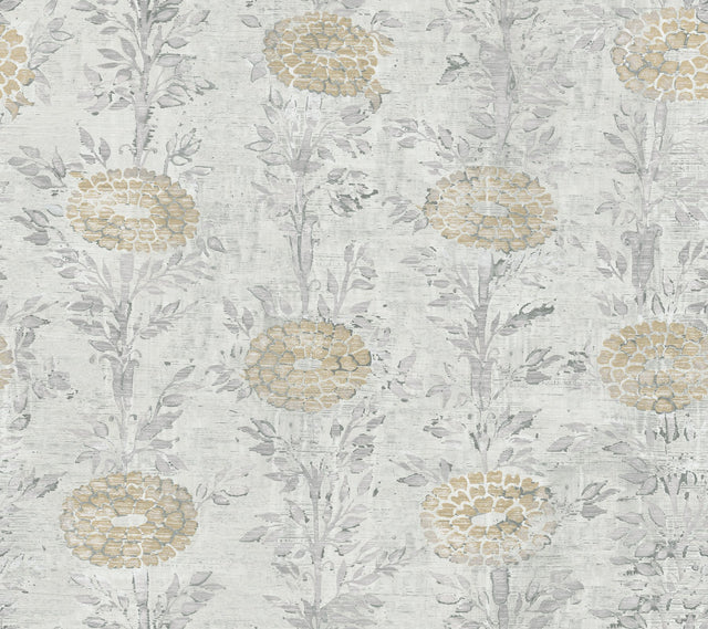French Marigold White & Gold Wallpaper with Metallic Eclectic Floral - York AF6516