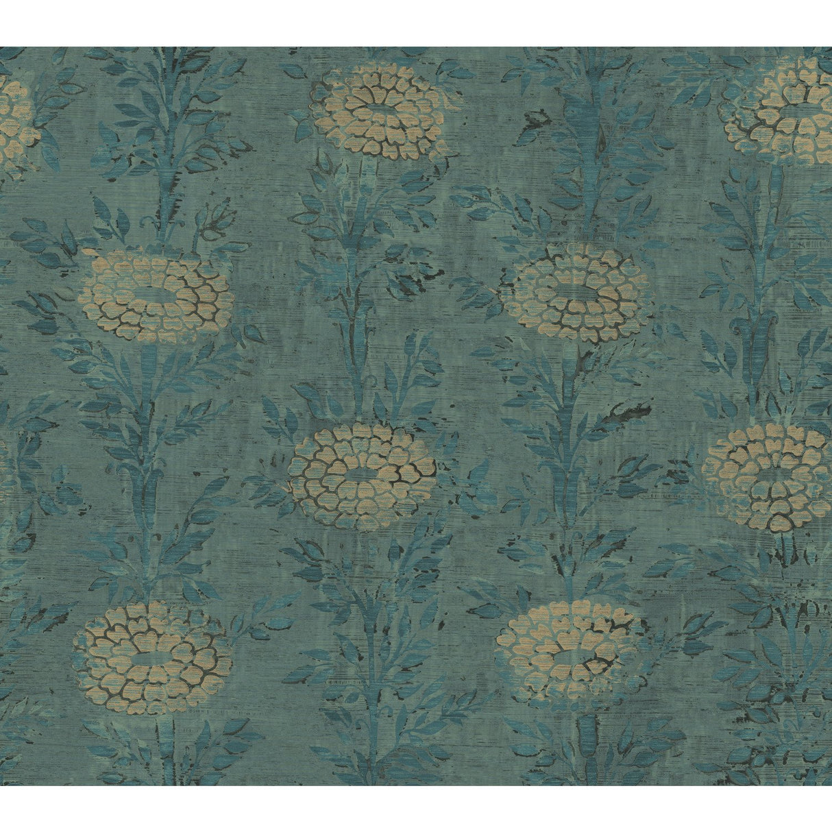 French Marigold Teal Green & Gold Wallpaper with Metallic Floral Motif, Eclectic Style - York AF6519