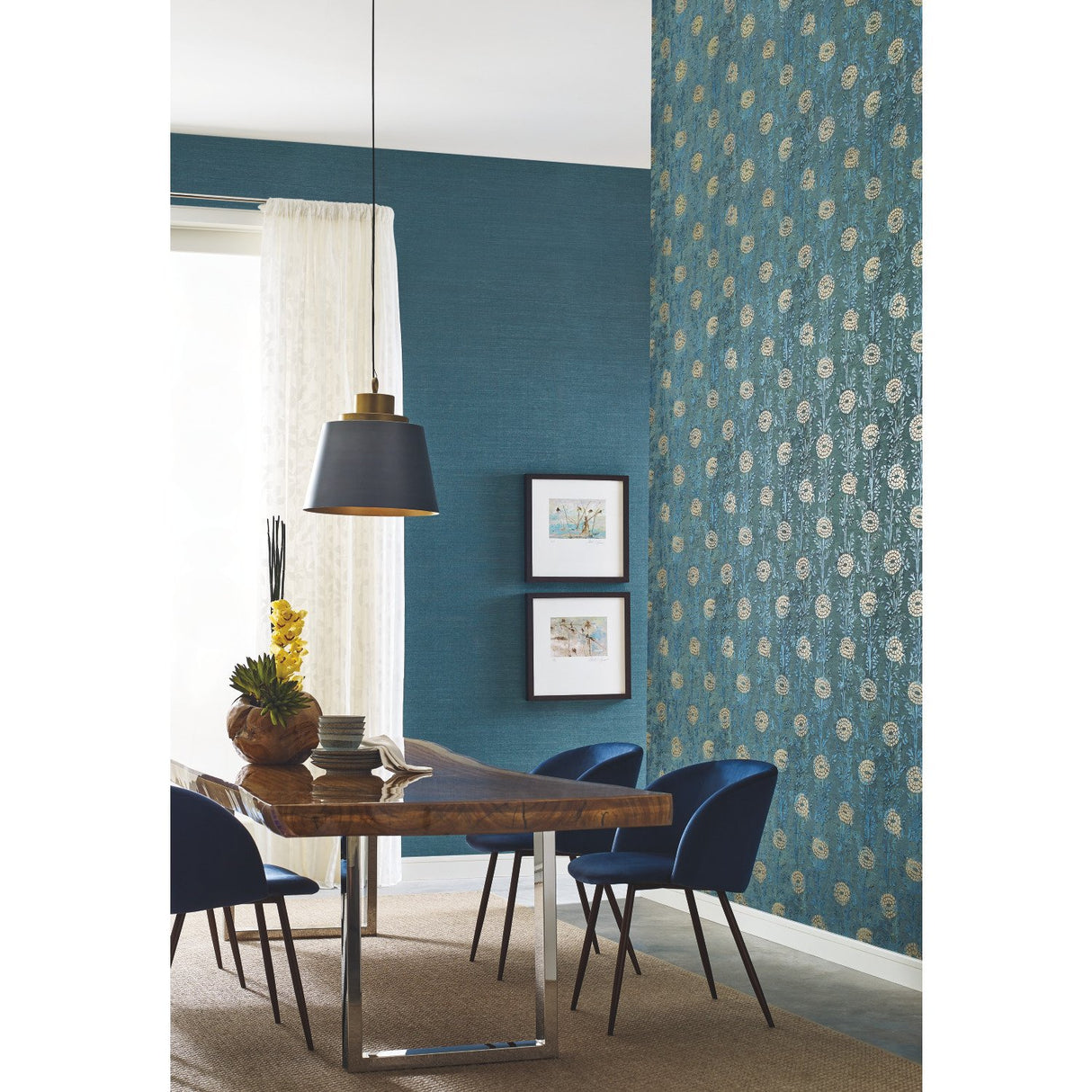 French Marigold Teal Green & Gold Wallpaper with Metallic Floral Motif, Eclectic Style - York AF6519