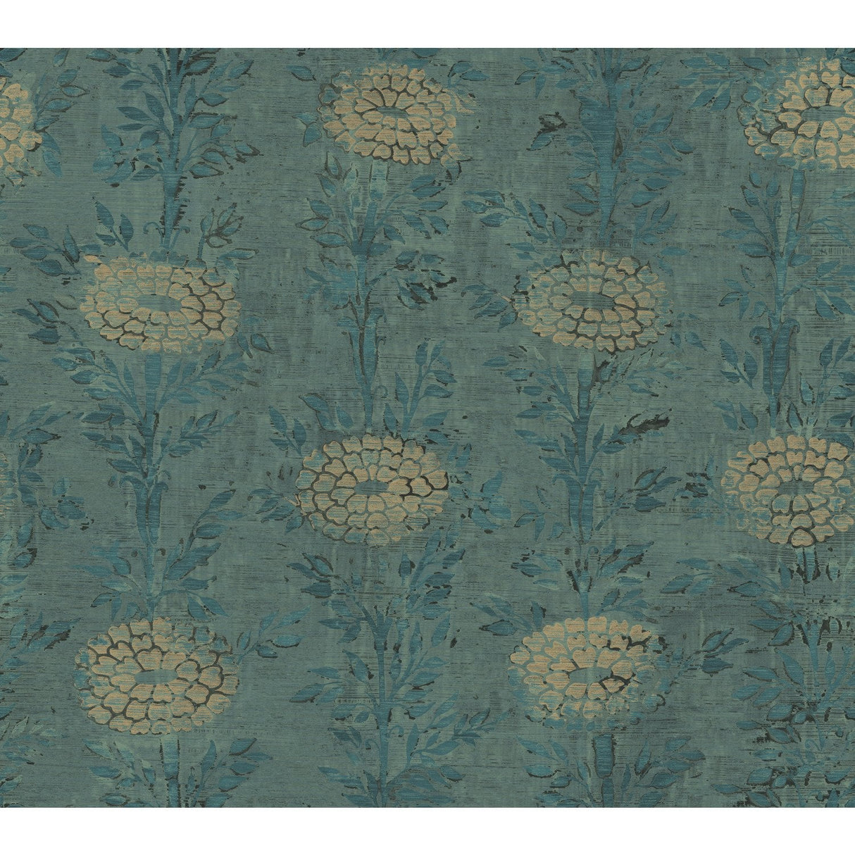 French Marigold Teal Green & Gold Wallpaper with Metallic Floral Motif, Eclectic Style - York AF6519SAM