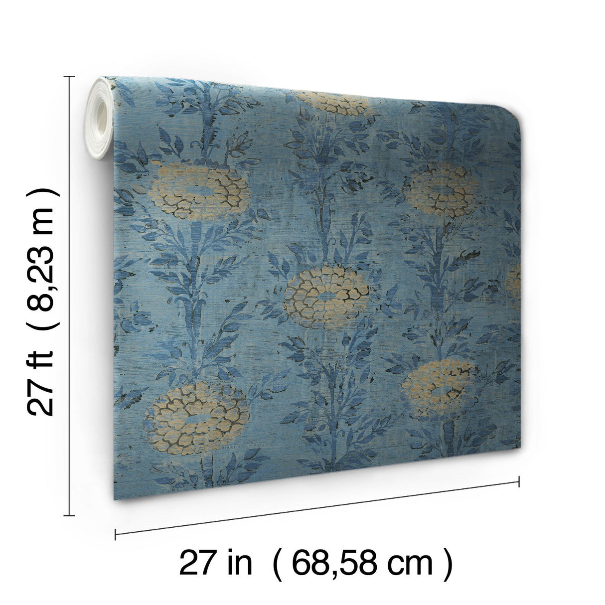 French Marigold Denim & Gold Wallpaper with Metallic Floral Motif - York AF6520