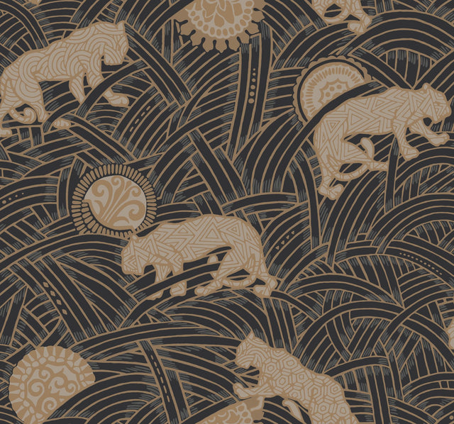Tibetan Tigers Black & Taupe Wallpaper with Geometric Tiger Motif - York AF6550