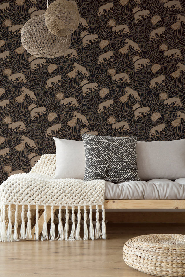 Tibetan Tigers Black & Taupe Wallpaper with Geometric Tiger Motif - York AF6550