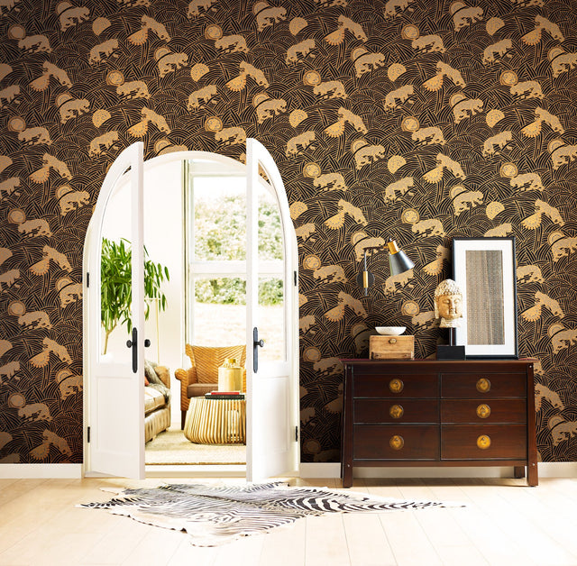 Tibetan Tigers Black & Taupe Wallpaper with Geometric Tiger Motif - York AF6550