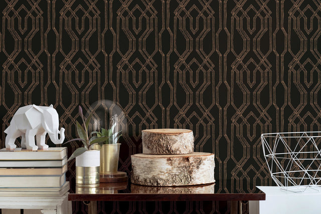 Oriental Lattice Black & Gold Wallpaper with Trellis & Lattice Pattern - York AF6562