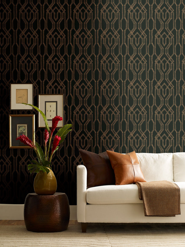 Oriental Lattice Black & Gold Wallpaper with Trellis & Lattice Pattern - York AF6562