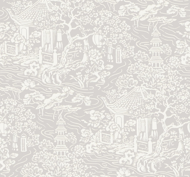 Chinoiserie Grey Wallpaper with Traditional Asian Scenic Motif - York AF6573