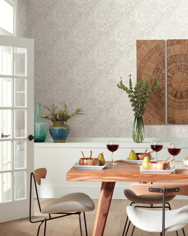 Chinoiserie Grey Wallpaper with Traditional Asian Scenic Motif - York AF6573