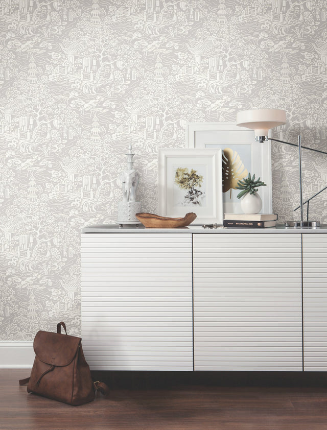 Chinoiserie Grey Wallpaper with Traditional Asian Scenic Motif - York AF6573