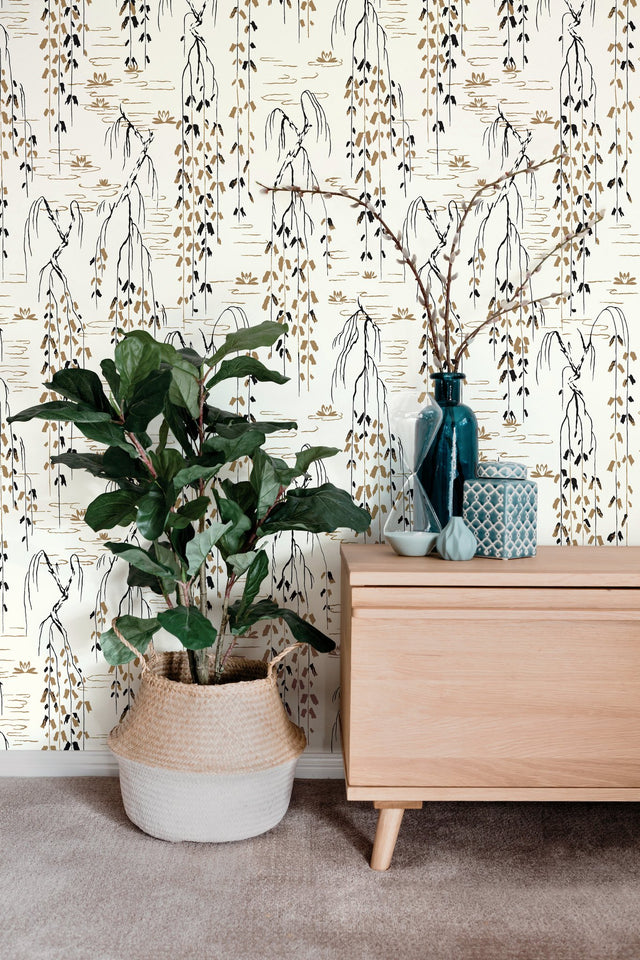 Willow Branches White & Black Wallpaper