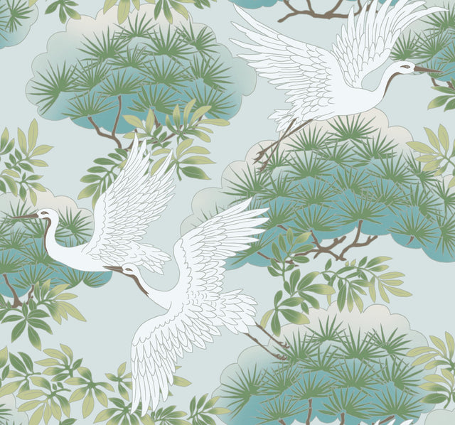 Sprig & Heron Teal Wallpaper with Animals Motif, Non Woven Unpasted Drop Match - York AF6589