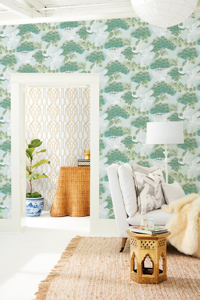 Sprig & Heron Teal Wallpaper with Animals Motif, Non Woven Unpasted Drop Match - York AF6589