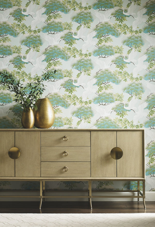 Sprig & Heron Teal Wallpaper with Animals Motif, Non Woven Unpasted Drop Match - York AF6589