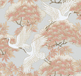 Sprig & Heron Coral Wallpaper with Metallic Botanical Heron Motif - York AF6590