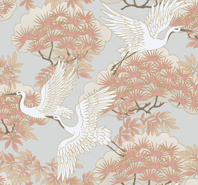Sprig & Heron Coral Wallpaper with Metallic Botanical Heron Motif - York AF6590